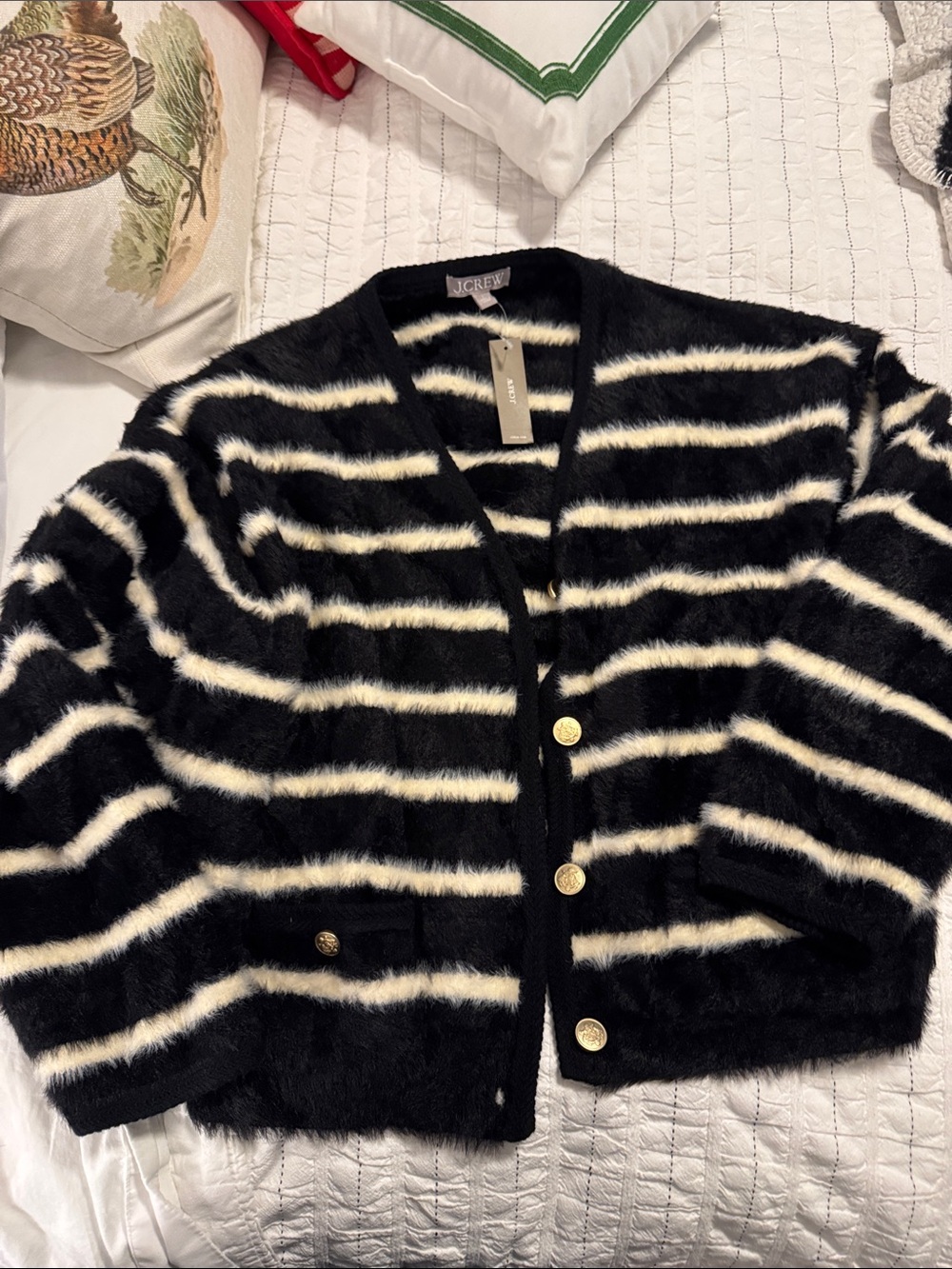J. Crew Black and Cream Fuzzy Striped Button Cardigan